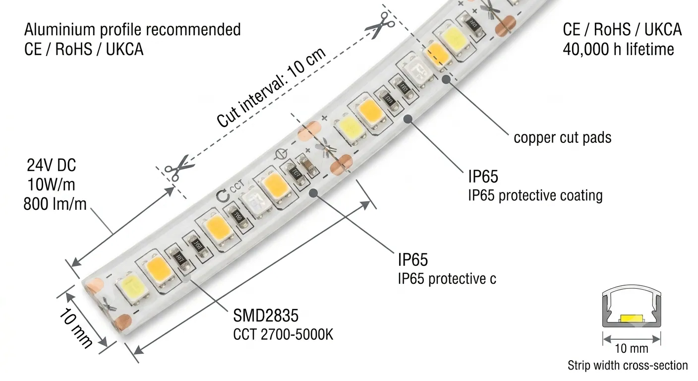 Certifikace LED pásku CCT 24V 118116 — IP65, CE, RoHS, UKCA, životnost 40 000h